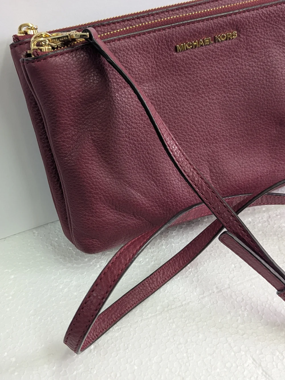Michael Kors Burgundy Pebbled Leather Crossbody Double Zip Wristlet Clutch Gold